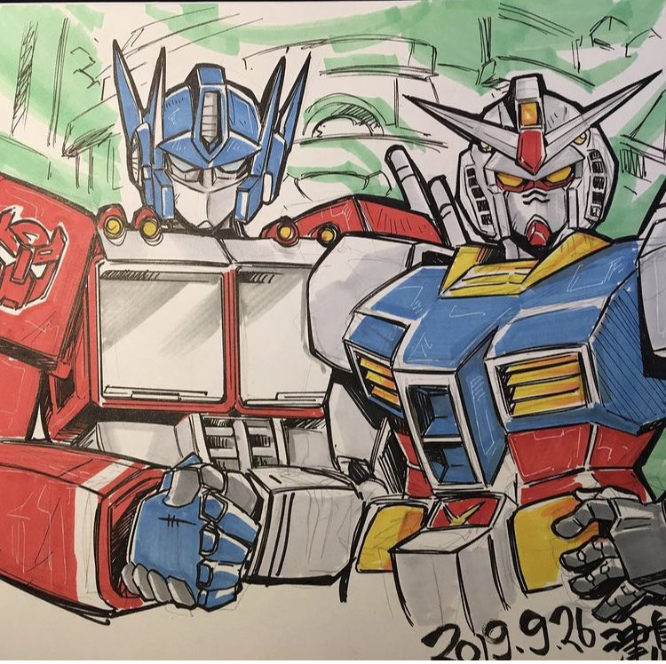 2019 autobot blue_eyes crossover dated gundam handshake insignia looking_at_viewer mecha mobile_suit mobile_suit_gundam no_humans optimus_prime rx-78-2 science_fiction traditional_media transformers tsushima_naoto v-fin yellow_eyes