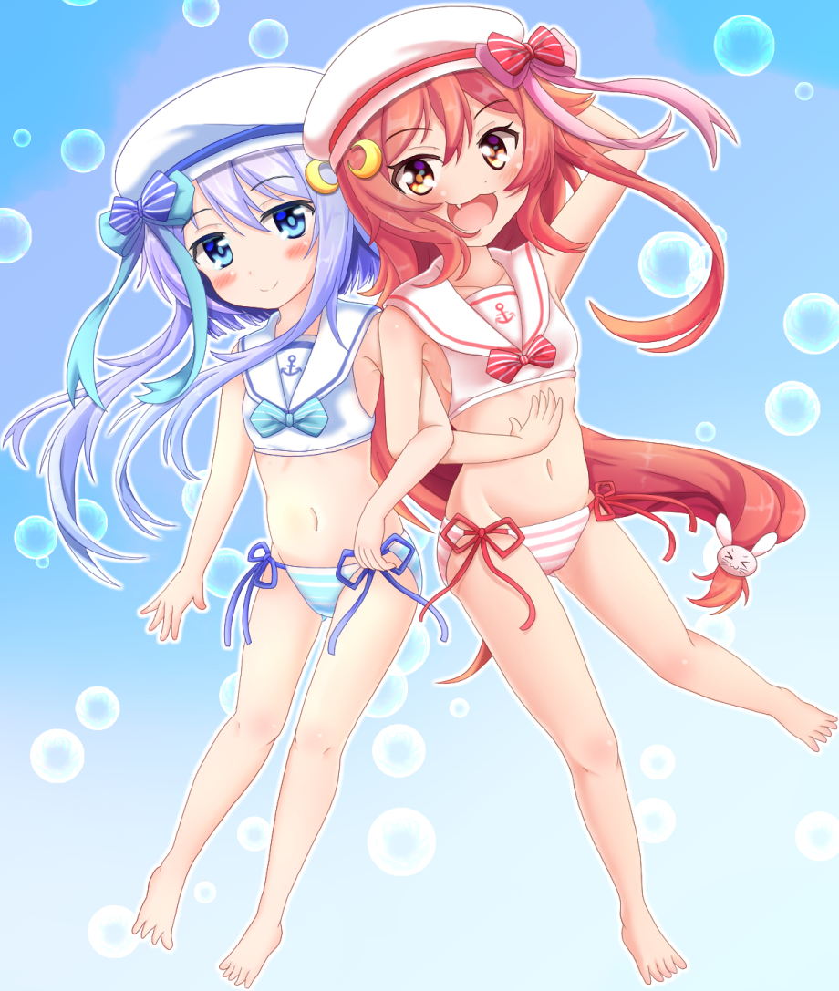 &gt;_&lt; 2girls :3 :d air_bubble alternate_costume arm_behind_head arm_up bangs bare_arms bare_legs bare_shoulders barefoot beret bikini blue_background blue_bow blue_eyes blue_hair blush bow brown_eyes bubble bunny_hair_ornament commentary_request crescent crescent_hair_ornament eyebrows_visible_through_hair fang gradient gradient_background hair_between_eyes hair_ornament hat kantai_collection locked_arms long_hair low-tied_long_hair multiple_girls navel open_mouth pink_bow red_bow redhead sailor_bikini sailor_collar shiruzu_(sills_ud) side-tie_bikini smile striped striped_bikini striped_bow swimsuit uzuki_(kantai_collection) very_long_hair white_bikini white_headwear white_sailor_collar yayoi_(kantai_collection)