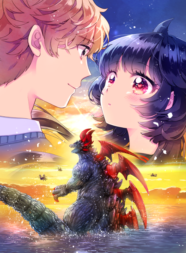 1boy 1girl aircraft akaishi_kuroe black_hair brown_eyes brown_hair cover cover_page hair_horns harugon helicopter kaijuu looking_at_another manga_cover minami_arata naki_ringo official_art open_mouth otome_kaijuu_carameliser red_eyes water