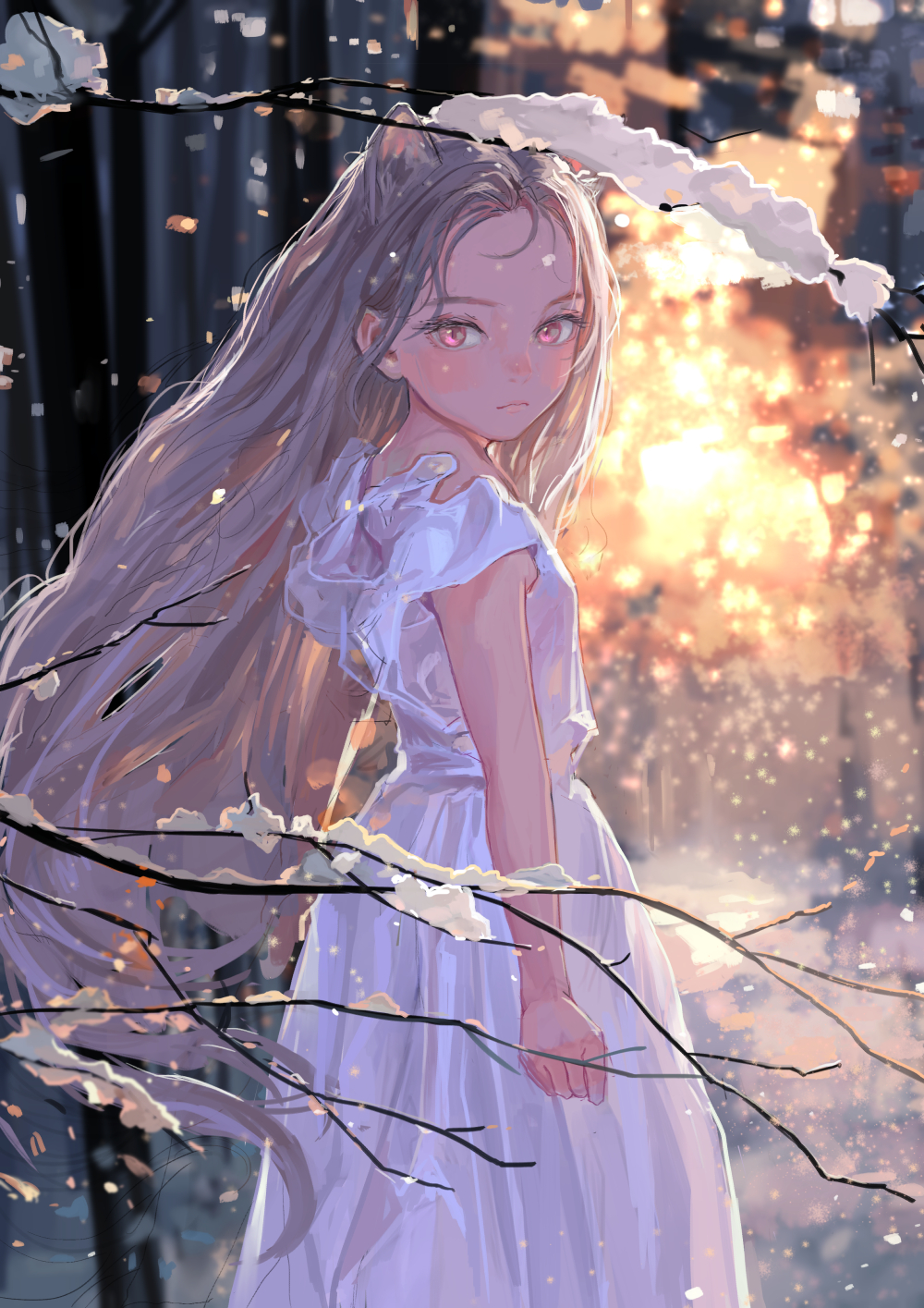 1girl animal_ears cat_ears dress extra_ears fkey flat_chest grey_hair highres long_hair looking_at_viewer original outdoors pink_eyes sleeveless sleeveless_dress snow snowflakes tree white_dress