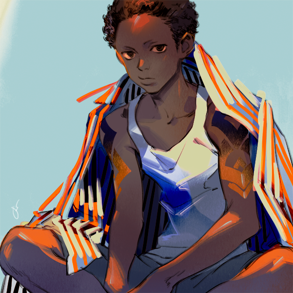 1boy afro bare_arms bare_shoulders black_eyes blanket blue_background bodypaint butterfly_sitting closed_mouth dark_skin dark_skinned_male feet_out_of_frame iwamoto_zerogo lips looking_at_viewer male_focus original sanpaku shorts simple_background sitting solo striped tank_top under_covers