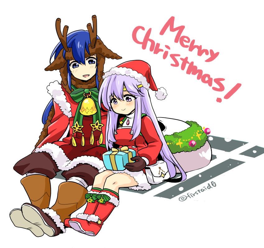 1boy 1girl alternate_costume animal_ears belt_pouch blue_eyes blue_hair boots brother_and_sister christmas christmas_ornaments circlet cosplay fire_emblem fire_emblem:_genealogy_of_the_holy_war fire_emblem_heroes fur_trim gift gloves hat holding holding_gift jaffar_(fire_emblem) jaffar_(winter)_(fire_emblem) jaffar_(winter)_(fire_emblem)_(cosplay) julia_(fire_emblem) knee_boots long_hair nino_(fire_emblem) nino_(winter)_(fire_emblem) nino_(winter)_(fire_emblem)_(cosplay) pouch purple_hair sack santa_costume santa_hat seliph_(fire_emblem) siblings simple_background sitting skirt smile violet_eyes yukia_(firstaid0)