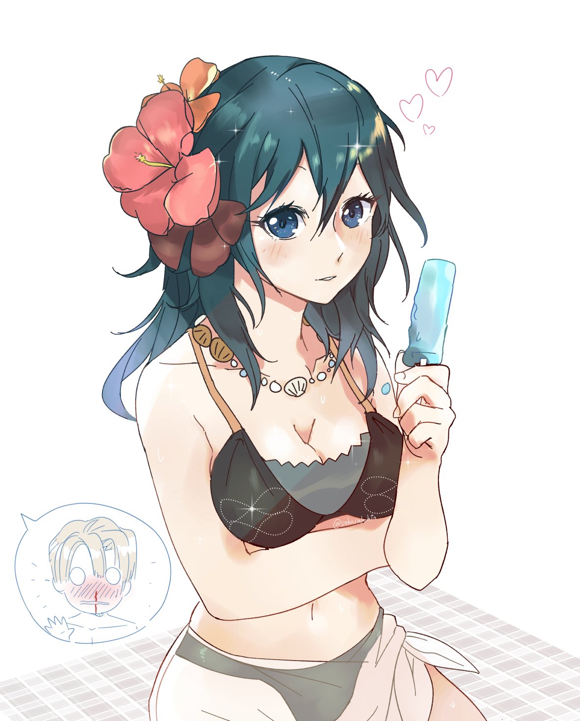 1boy 1girl artist_name beach_towel bikini black_bikini blonde_hair blue_eyes blue_hair blush byleth_(fire_emblem) byleth_eisner_(female) byleth_eisner_(female) collar cute dimitri_alexandre_blaiddyd female_my_unit_(fire_emblem:_three_houses) fire_emblem fire_emblem:_three_houses fire_emblem:_three_houses fire_emblem_16 fire_emblem_heroes flower heart hearts hibiscus intelligent_systems looking_at_viewer my_unit_(fire_emblem:_three_houses) navel nintendo nosebleed popsicle shirtless simple_background solo summer swimsuit twitter_username yatonokamui