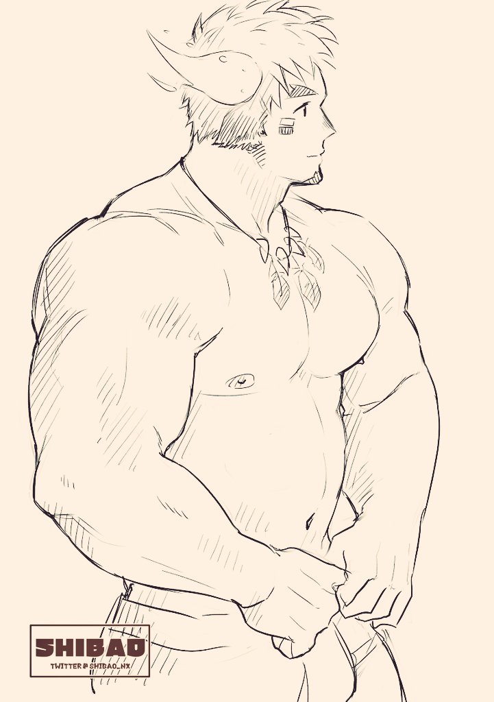 1boy animal_ears bangs bara brown_hair bulge chest cow_ears facial_hair forked_eyebrows glowing_horns goatee horns male_focus manly muscle navel nipples shibao shirtless short_hair sideburns sketch solo sportswear thick_eyebrows tokyo_houkago_summoners wakan_tanka