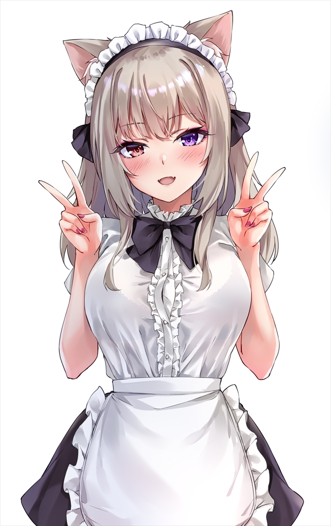 1girl :d apron bangs black_bow black_ribbon black_skirt blush bow breasts brown_hair center_frills collared_shirt commentary_request double_v dress_shirt eyebrows_visible_through_hair fangs frilled_apron frills hair_ribbon hands_up heterochromia long_hair looking_at_viewer maid maid_headdress marisasu_(marisa0904) medium_breasts nail_polish open_mouth original purple_nails red_eyes ribbon shirt simple_background skirt smile solo v violet_eyes waist_apron white_apron white_background white_shirt