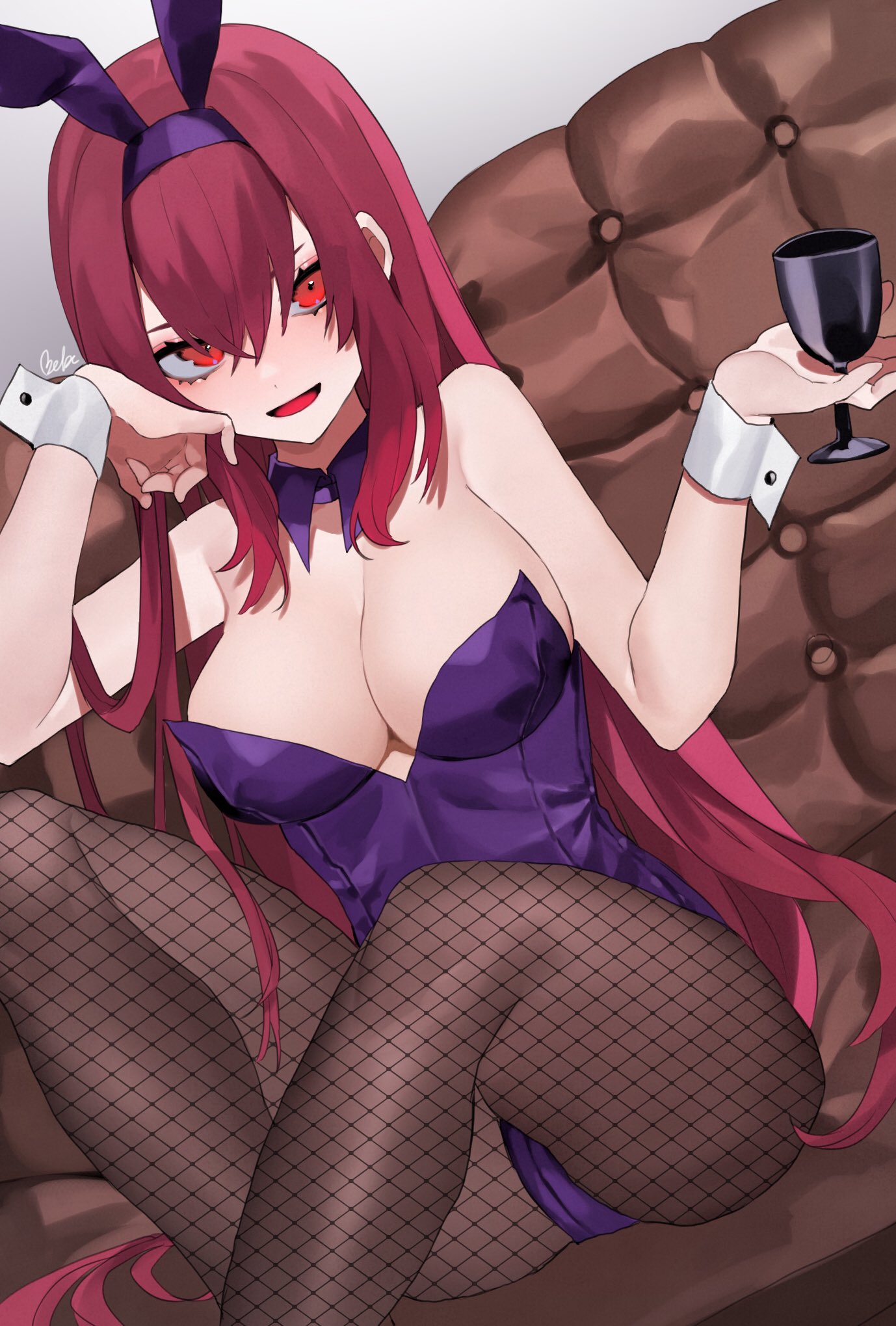 1girl animal_ears bebe_pp breasts bunny_girl bunnysuit couch cup detached_collar fake_animal_ears fate/grand_order fate_(series) fishnet_legwear fishnets hair_intakes highres holding holding_cup large_breasts leotard long_hair pantyhose purple_hair rabbit_ears red_eyes scathach_(fate)_(all) scathach_(fate/grand_order) solo strapless strapless_leotard type-moon wrist_cuffs