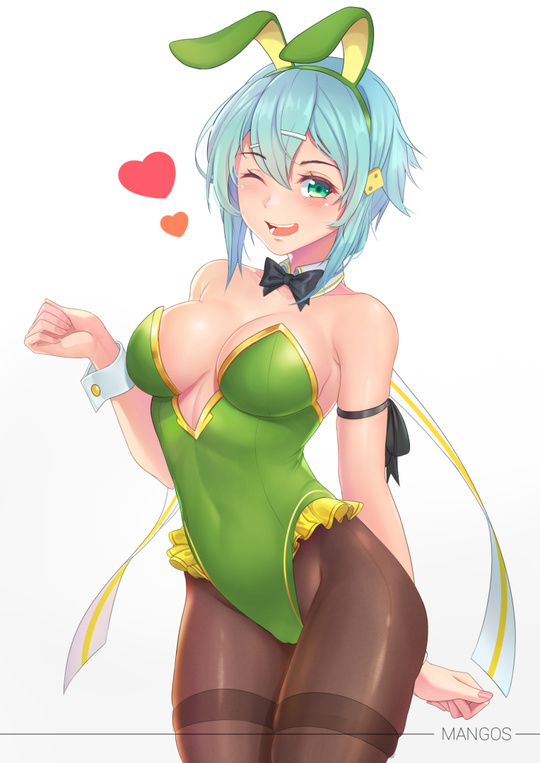1girl animal_ears aqua_eyes aqua_hair blush breasts brown_legwear bunny_girl bunnysuit commission covered_navel detached_collar green_leotard hair_ornament hairclip heart leotard looking_at_viewer medium_breasts one_eye_closed open_mouth pantyhose rabbit_ears shiny shiny_hair shiny_skin short_hair short_hair_with_long_locks simple_background sinon smile solo standing strapless strapless_leotard sword_art_online washout008 white_background wrist_cuffs
