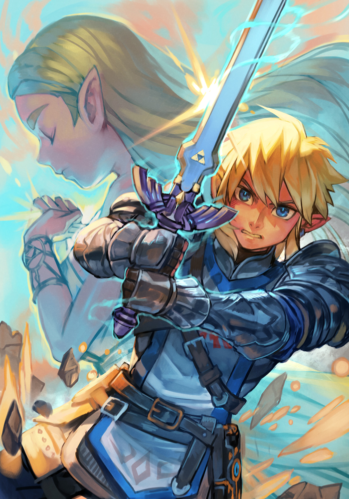 1boy 1girl arm_guards armor bangle bangs bare_shoulders belt blonde_hair blue_eyes bracelet brown_gloves day dress eyelashes glint gloves hankuri holding holding_sword holding_weapon jewelry link long_hair master_sword outdoors pants pointy_ears praying princess_zelda profile sheikah_slate short_hair short_ponytail sidelocks sleeveless sleeveless_dress sword the_legend_of_zelda the_legend_of_zelda:_breath_of_the_wild thick_eyebrows weapon white_dress