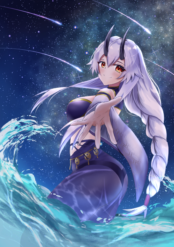1girl bikini black_horns blush braid detached_sleeves fate/grand_order fate_(series) horns komugikokonko long_braid long_hair looking_at_viewer looking_back night ocean oni_horns outstretched_hand partially_submerged purple_bikini purple_sarong red_eyes sarong shooting_star silver_hair single_braid sky smile solo standing star_(sky) starry_sky swimsuit tomoe_gozen_(fate/grand_order) tomoe_gozen_(swimsuit_saber)_(fate) very_long_hair waves wide_sleeves