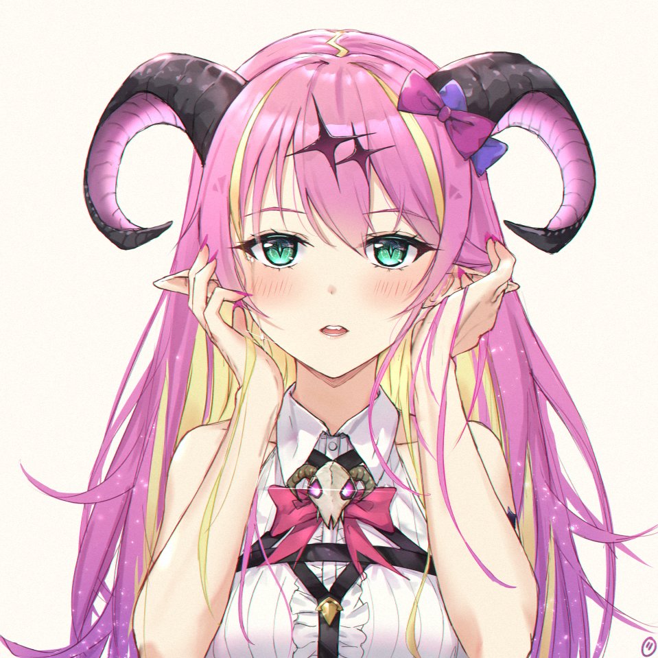 1girl bangs bare_shoulders blonde_hair blush bow breasts center_frills collared_shirt commentary_request demon_girl demon_horns envyvanity eyebrows_visible_through_hair frilled_shirt frills green_eyes hair_bow hair_ornament hands_in_hair hands_up hololive horns long_hair looking_at_viewer mano_aloe medium_breasts mixed-language_commentary multicolored_hair parted_lips pink_hair pointy_ears portrait purple_bow shirt simple_background skull sleeveless sleeveless_shirt smile solo sparkle_hair_ornament two-tone_hair virtual_youtuber white_background white_shirt