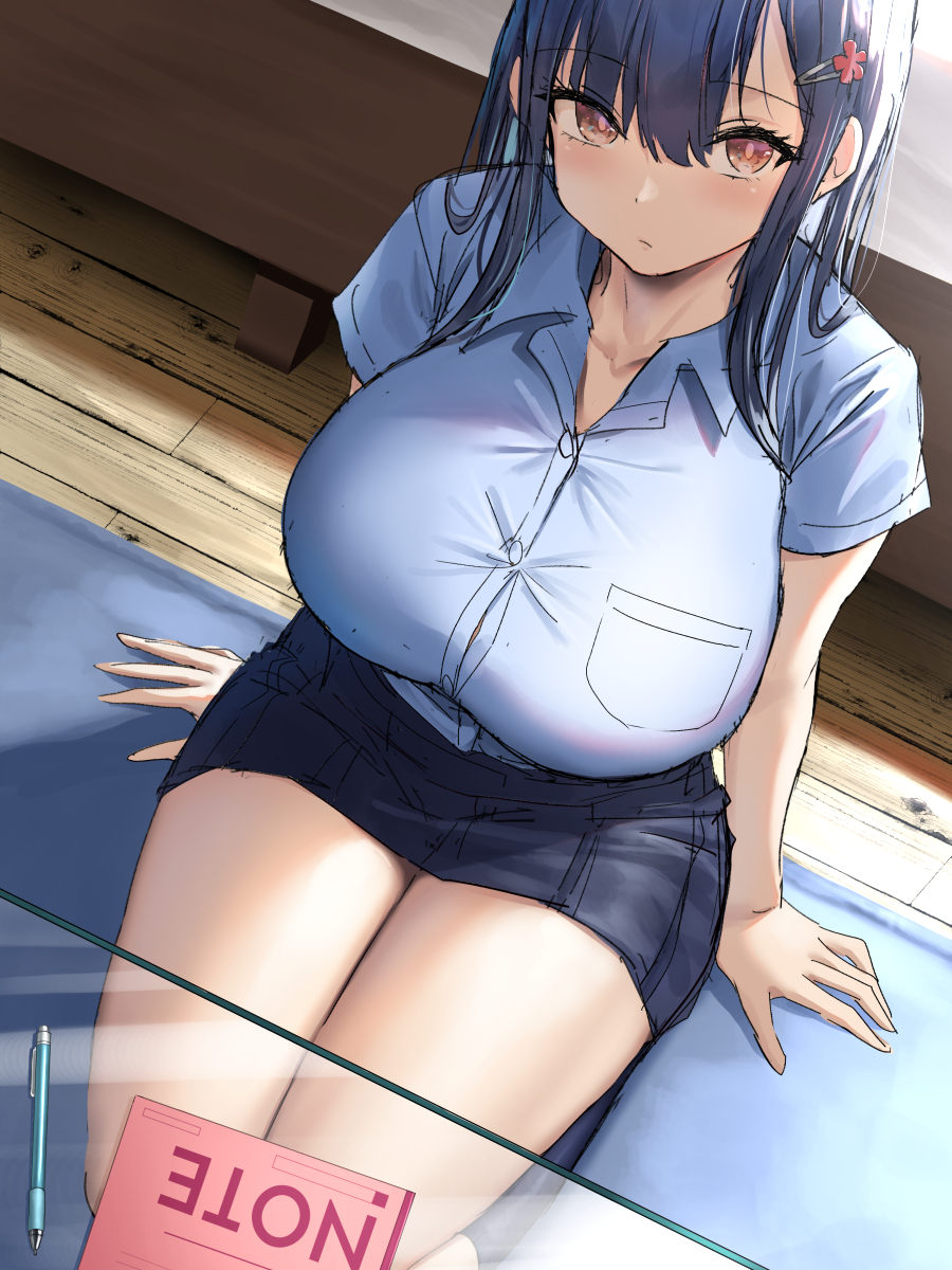 1girl bangs blue_hair blush breasts bursting_breasts collarbone commentary_request eyebrows_visible_through_hair eyelashes glass_table hair_ornament hairclip highres huge_breasts looking_at_viewer medium_hair notebook oekakizuki original pen pink_eyes shirt sitting_on_floor solo table thick_thighs thighs