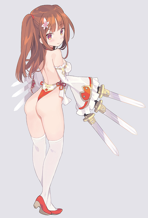 1girl ass back backless_outfit bangs bare_back bare_shoulders blade_(galaxist) blush breasts brown_eyes brown_hair character_request closed_mouth copyright_request detached_sleeves flower frilled_sleeves frills from_behind hair_flower hair_ornament holding holding_knife knife long_hair looking_at_viewer looking_back panties red_footwear red_panties shoulder_blades simple_background sleeves_past_fingers sleeves_past_wrists smile solo standing symbol_commentary thigh-highs thong two_side_up underwear white_legwear wide_sleeves