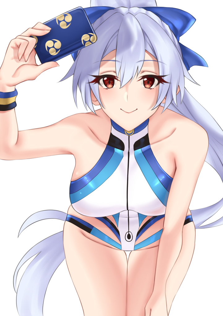 1girl bangs blue_bow blue_swimsuit blush bow breasts crimecrime fate/grand_order fate_(series) hair_between_eyes hair_bow highleg highleg_swimsuit large_breasts leaning_forward long_hair looking_at_viewer one-piece_swimsuit ponytail red_eyes silver_hair simple_background smile swimsuit thighs tomoe_gozen_(fate/grand_order) tomoe_gozen_(swimsuit_saber)_(fate) two-tone_swimsuit white_background white_swimsuit