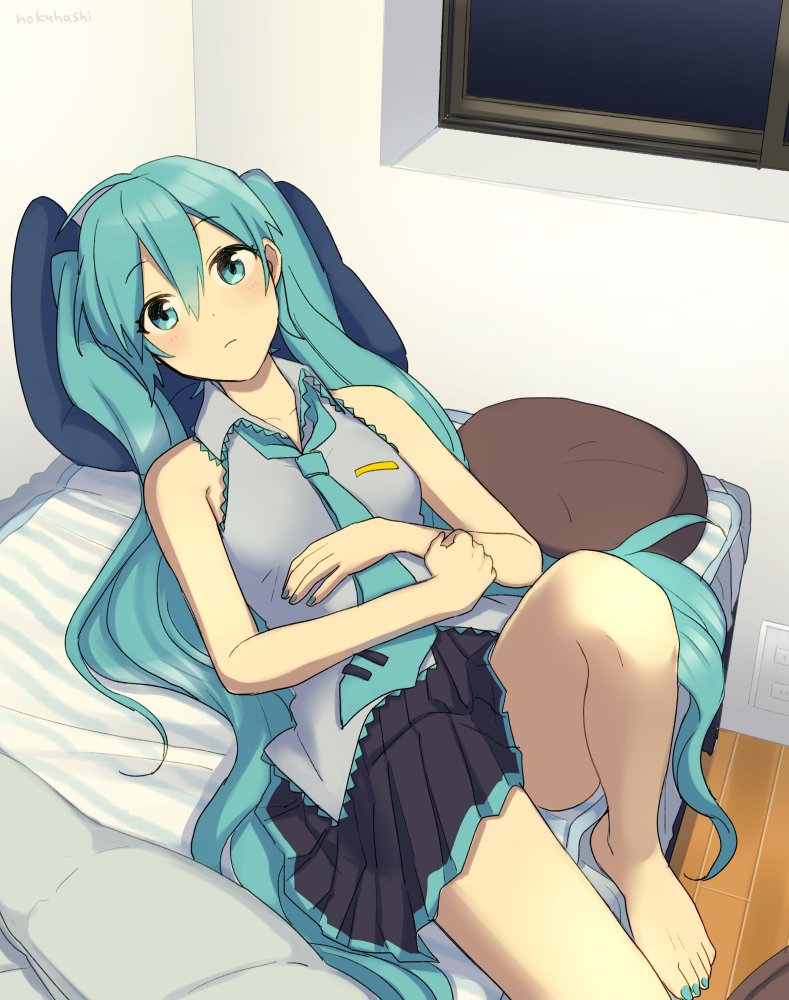 1girl aqua_eyes aqua_hair aqua_nails aqua_neckwear bare_shoulders black_skirt comforter commentary expressionless grey_shirt hatsune_miku indoors knee_up long_hair looking_at_viewer lying miniskirt nail_polish necktie night nokuhashi on_back on_bed pillow pleated_skirt room shirt skirt sleeveless sleeveless_shirt sleeves_removed solo thighhighs_removed twintails very_long_hair vocaloid window wooden_floor