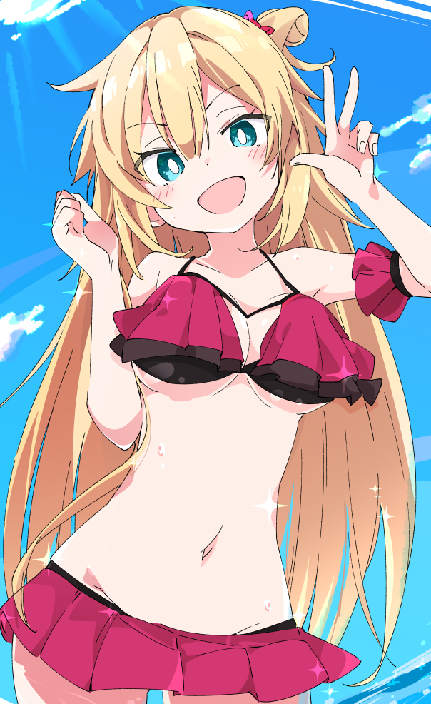 1girl :d akai_haato arm_garter bikini blonde_hair blue_sky blush breasts clouds commentary_request day eyebrows_visible_through_hair frilled_bikini frills hair_between_eyes hololive ixy light_rays long_hair looking_at_viewer medium_breasts navel open_mouth red_bikini sky smile solo sunbeam sunlight swimsuit v