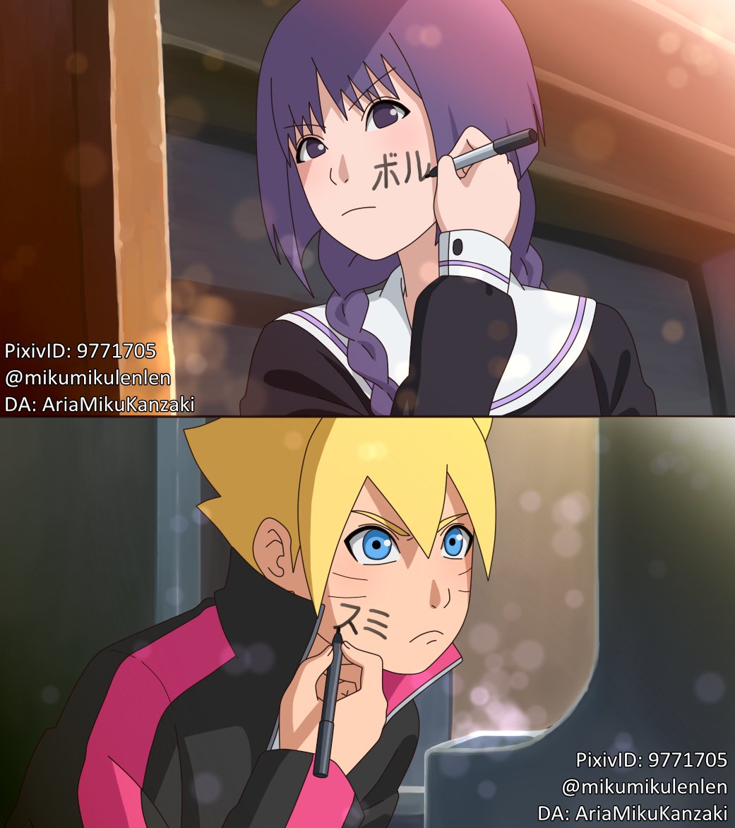 1:1_aspect_ratio blonde_hair blue_eyes boruto boruto:_naruto_next_generations kakei_sumire mikumikulenlen naruto naruto_(series) purple_hair uzumaki_boruto violet_eyes whisker_markings whiskers