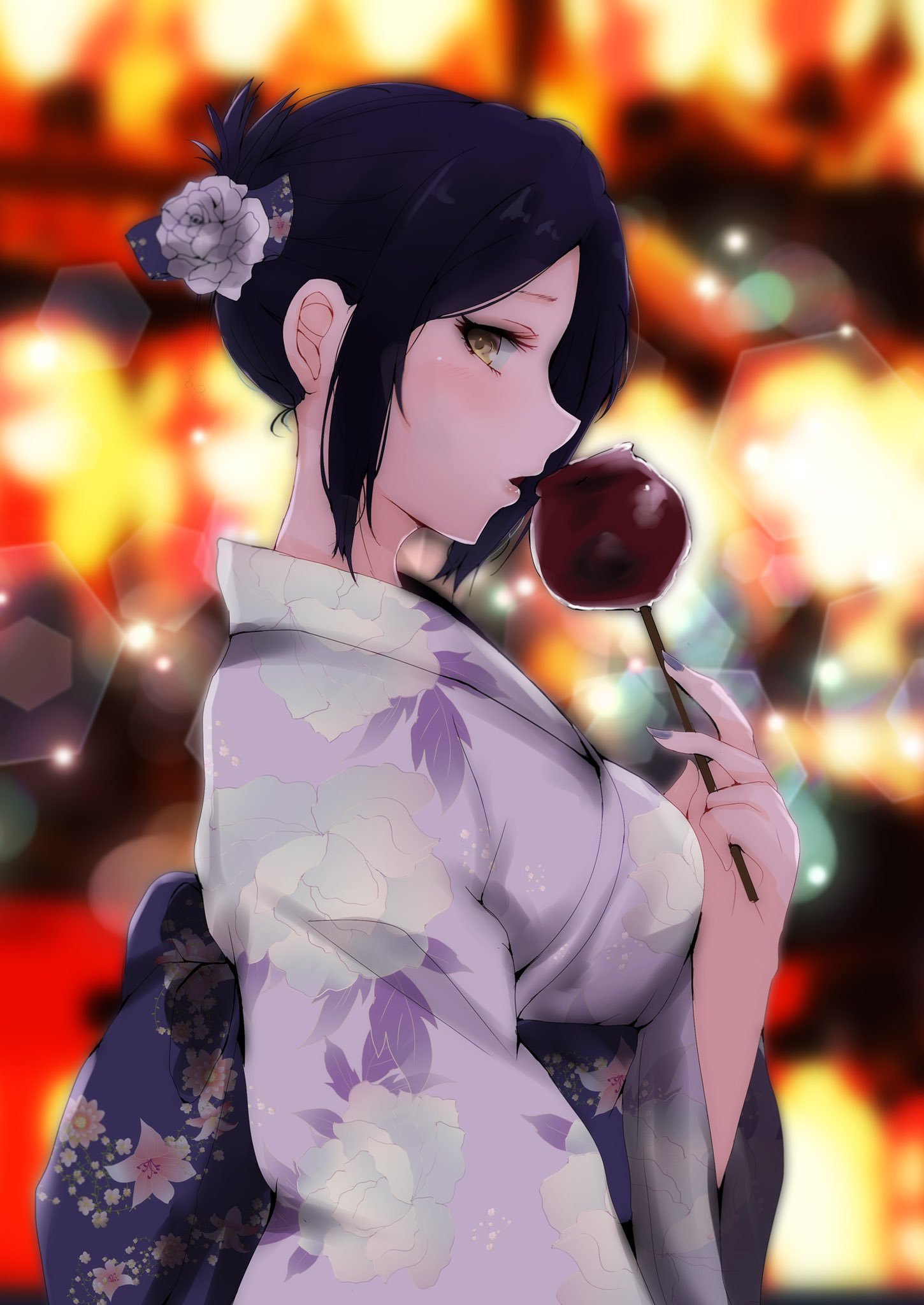 1girl :o alternate_hairstyle apple blue_hair blue_sash blurry blurry_background breasts candy_apple floral_print flower food fruit hair_flower hair_ornament hayami_kanade highres idolmaster idolmaster_cinderella_girls japanese_clothes kimono lavender_flower lavender_kimono light light_blush light_particles long_sleeves looking_at_viewer looking_to_the_side medium_breasts open_mouth outdoors ryuu. sash sidelocks solo stick traditional_clothes upper_body wide_sleeves yellow_eyes yukata