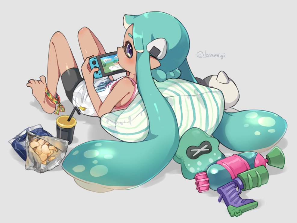 1girl anklet bangs barefoot basketball_jersey bike_shorts black_shorts blue_eyes blunt_bangs chips cup disposable_cup domino_mask drinking_straw english_commentary food from_behind green_hair grey_background handheld_game_console holding holding_handheld_game_console inkling jewelry kojajji-kun_(splatoon) komenigi long_hair looking_at_viewer looking_back lying mask nintendo_switch on_back pillow pointy_ears potato_chips shadow shirt shorts simple_background solo splatoon_(series) splatoon_2 splattershot_(splatoon) stuffed_squid tan tentacle_hair twitter_username white_shirt
