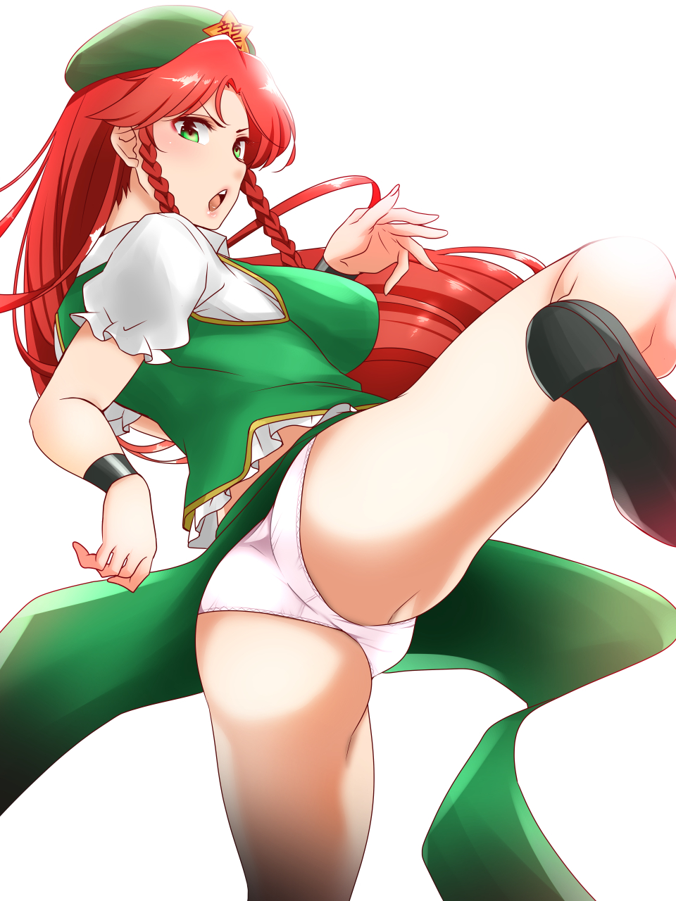 1girl ass blush breasts chinese_clothes chinese_hat crotch eyebrows_visible_through_hair green_eyes hat hat_ornament highres hong_meiling kicking large_breasts long_hair looking_at_viewer looking_back open_mouth panties redhead shiny shiny_hair shiraue_yuu simple_background solo star_(symbol) star_hat_ornament teeth touhou underwear upper_teeth white_background white_panties wristband
