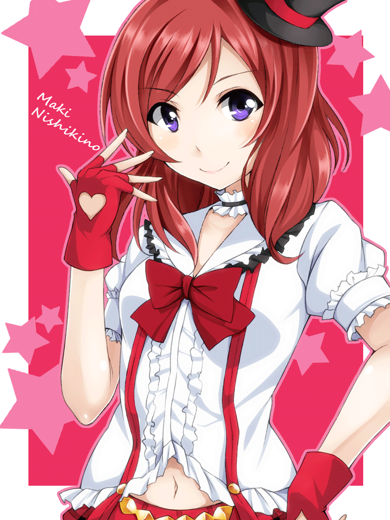 1girl black_headwear bokura_wa_ima_no_naka_de character_name commentary_request fingerless_gloves gloves hat looking_at_viewer love_live! love_live!_school_idol_project medium_hair mini_hat navel navel_cutout nishikino_maki puffy_short_sleeves puffy_sleeves red_gloves redhead sakuma_shiiya shirt short_sleeves smile solo violet_eyes white_shirt