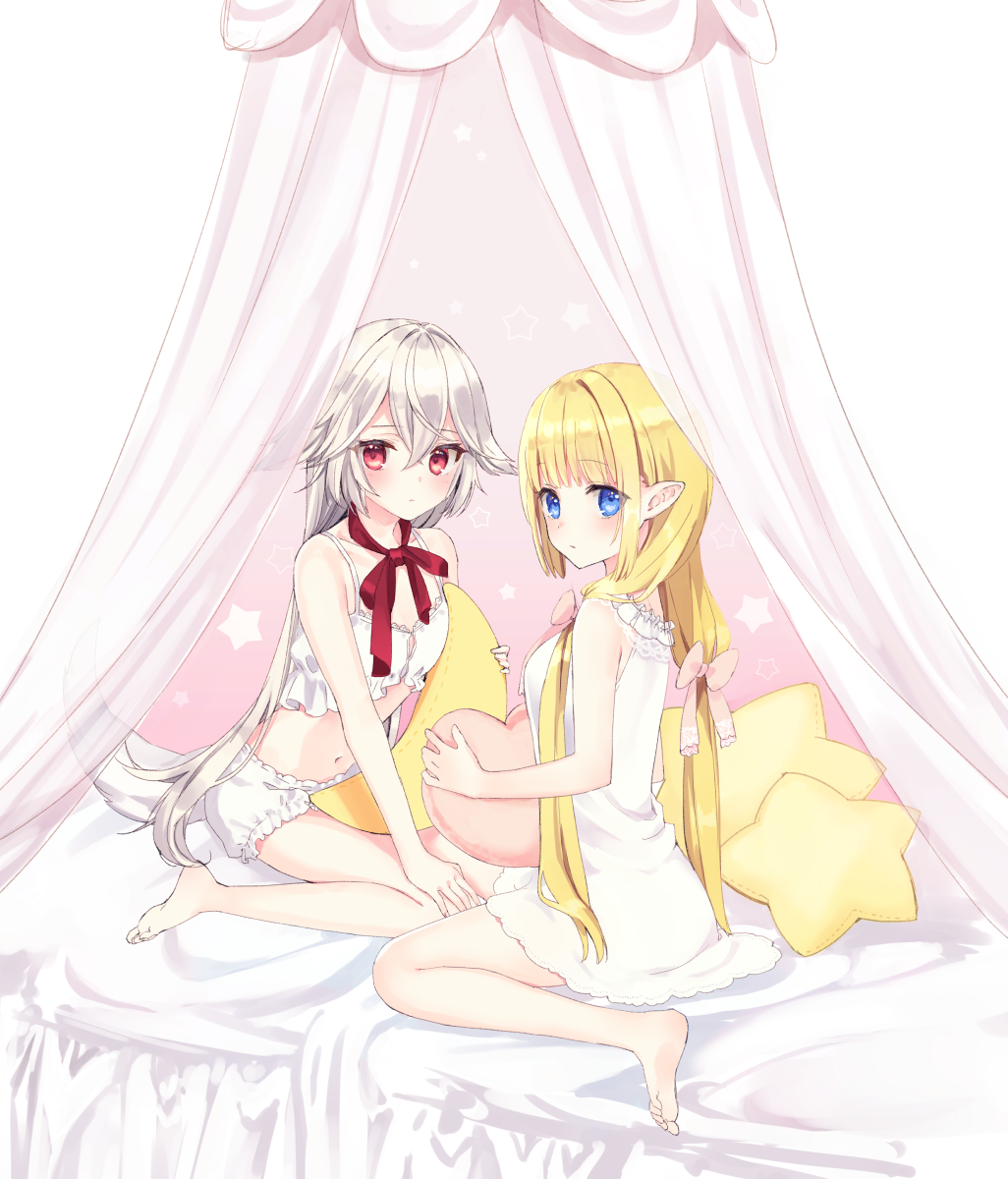 2girls bare_arms bare_shoulders barefoot blonde_hair blue_eyes camisole crop_top dress elf flat_chest hair_between_eyes highres looking_back midriff multiple_girls navel neck_ribbon original pillow pointy_ears red_eyes ribbon rimo shirt sidelocks silver_hair sleeveless sleeveless_dress star_(symbol) tail thighs white_bloomers white_dress white_shirt