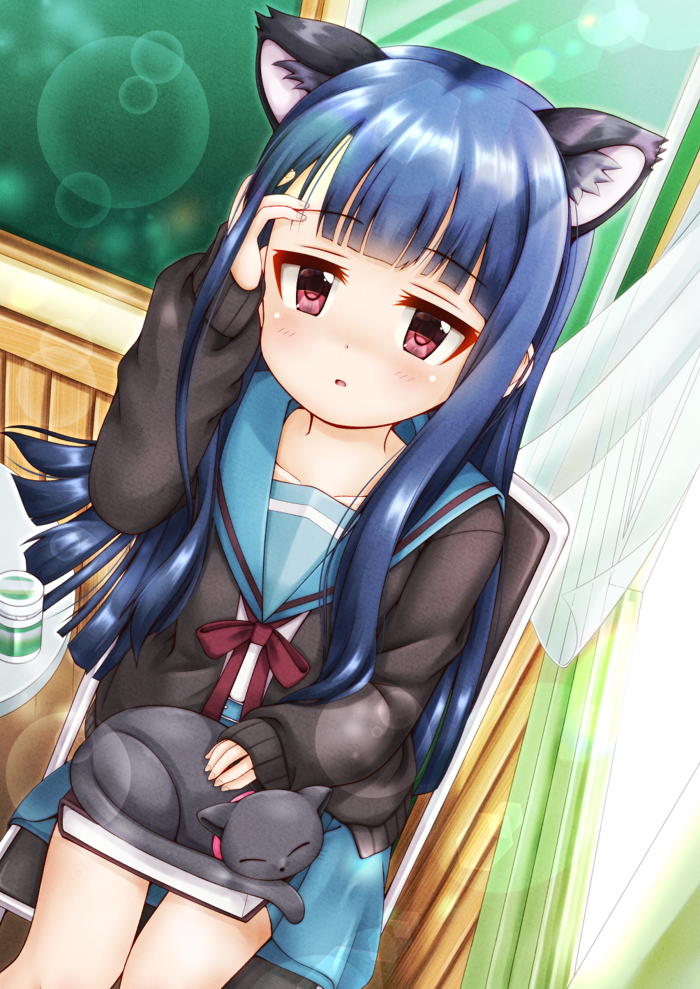 1girl animal animal_ear_fluff animal_ears arm_up bangs black_cardigan black_cat blue_hair blue_sailor_collar blue_skirt blush book bow cardigan cat cat_ears curtains day eyebrows_visible_through_hair highres idolmaster idolmaster_cinderella_girls idolmaster_cinderella_girls_starlight_stage indoors kemonomimi_mode kita_high_school_uniform long_sleeves looking_at_viewer on_chair on_lap open_cardigan open_clothes parted_lips red_bow red_eyes regular_mow sailor_collar sajo_yukimi school_uniform serafuku shirt sitting skirt sleeves_past_wrists solo sunlight suzumiya_haruhi_no_yuuutsu transparent white_shirt window