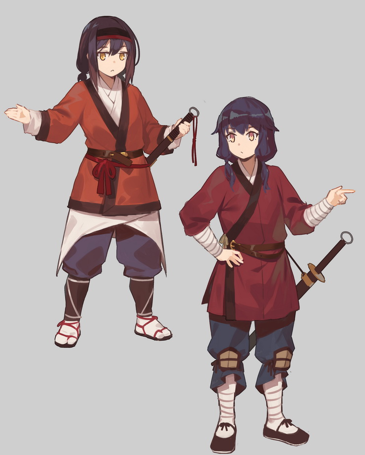 2girls :&lt; black_hair chinese_clothes commentary_request fangdan_runiu grey_background hand_on_hip headband medieval multiple_girls original sandals sheath sheathed soldier sword weapon yellow_eyes