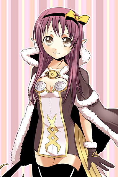 1girl bangs black_hairband black_legwear blush bow breasts brown_cape brown_dress brown_eyes brown_gloves cape closed_mouth commentary_request cowboy_shot dress fur-trimmed_cape fur-trimmed_gloves fur_trim gloves hair_bow hairband high_wizard_(ragnarok_online) holding holding_staff long_hair looking_at_viewer pink_background pointy_ears purple_hair ragnarok_online sasai_saki short_dress small_breasts smile solo staff strapless strapless_dress striped striped_background thigh-highs two-tone_dress white_dress yellow_bow