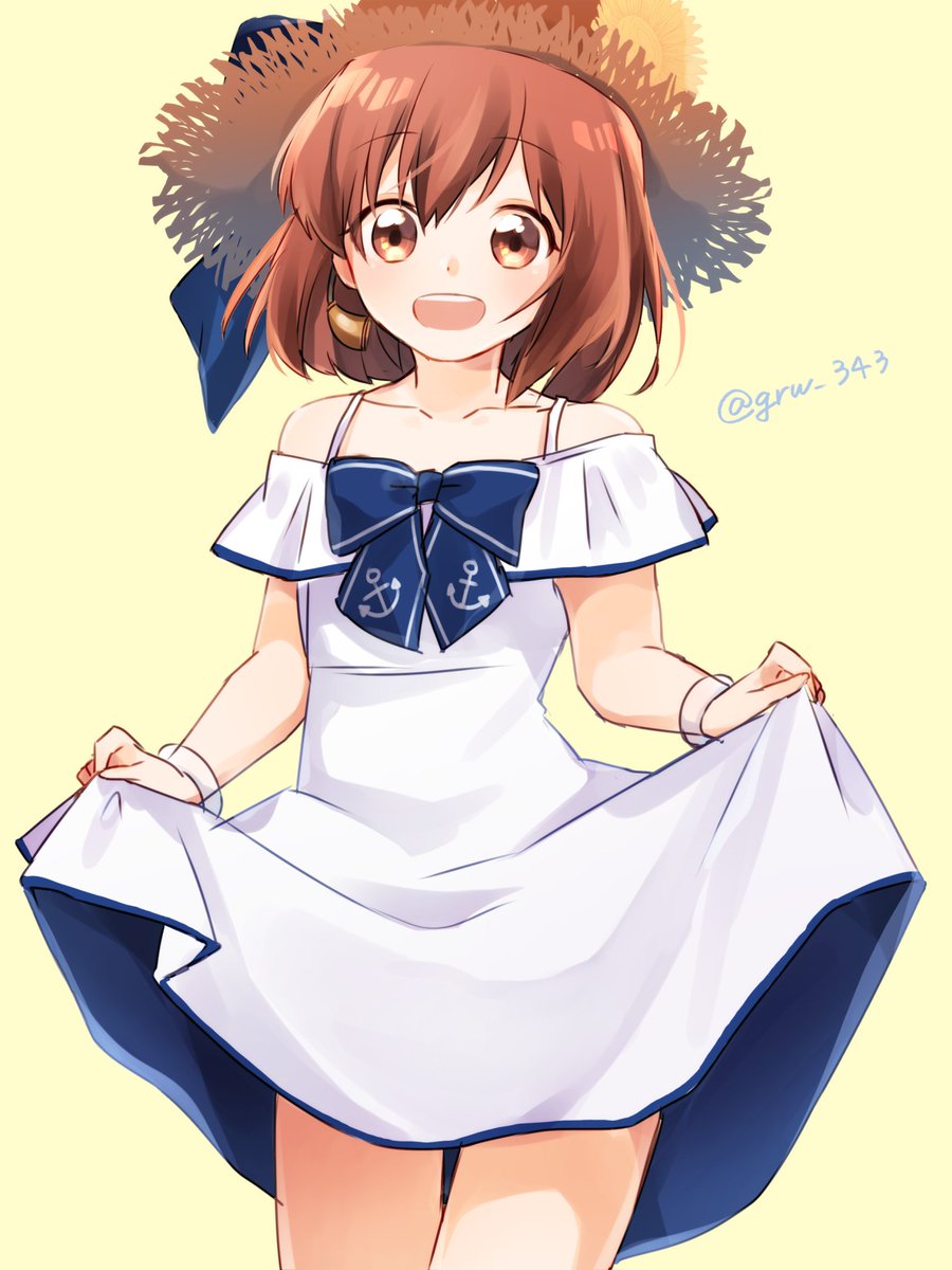 1girl anchor_symbol beige_background brown_eyes brown_hair commentary_request cowboy_shot dress hat highres kantai_collection open_mouth round_teeth sashimi_(hitocelll) short_hair skirt_hold smile solo speaking_tube_headset standing straw_hat sun_hat teeth twitter_username upper_teeth white_dress yukikaze_(kantai_collection)