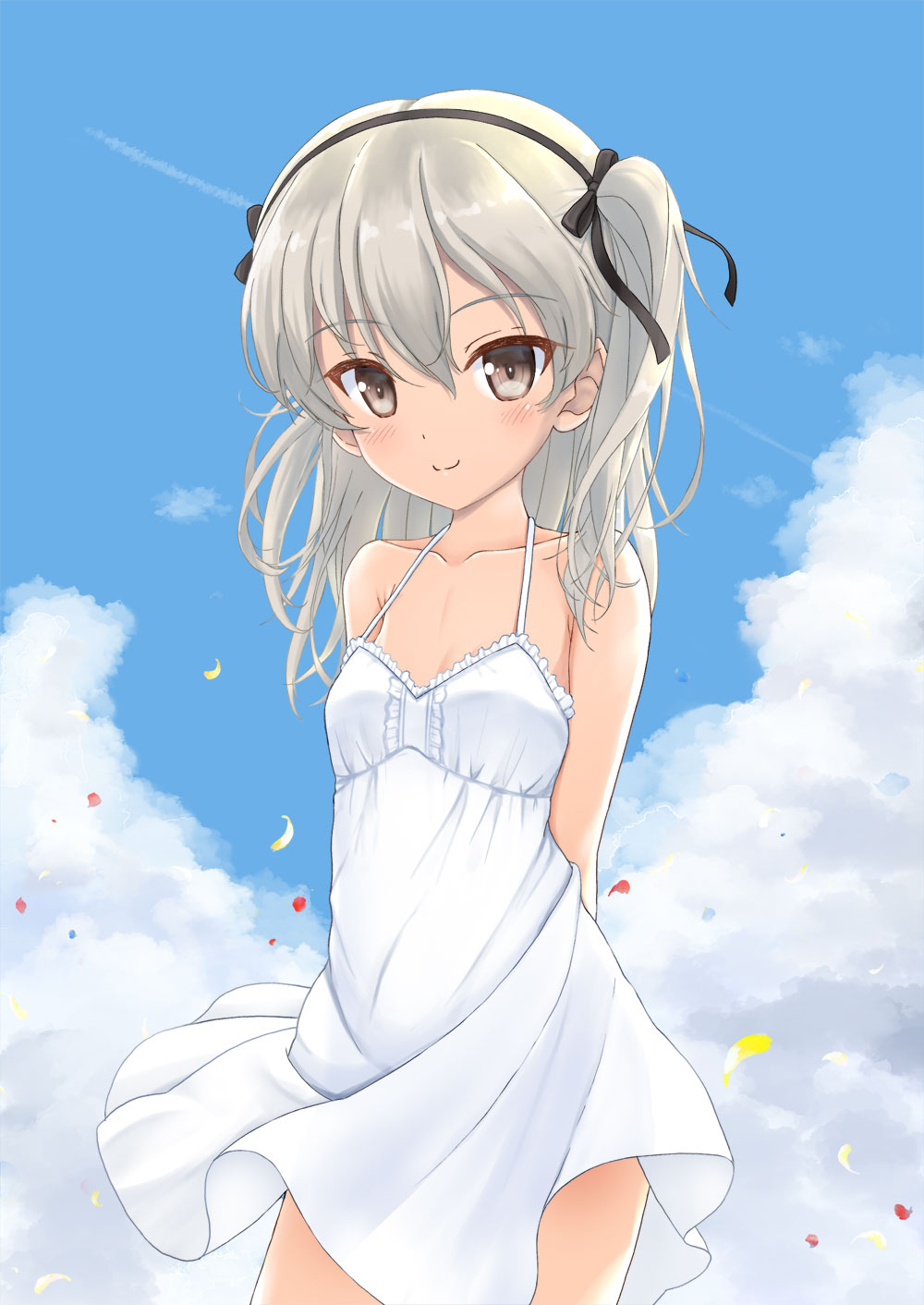 1girl arms_behind_back bare_arms bare_shoulders black_bow black_hairband blue_sky blush bow breasts brown_eyes closed_mouth clouds collarbone commentary_request day dress flipper frilled_dress frills girls_und_panzer grey_hair hair_bow hairband highres long_hair looking_at_viewer one_side_up outdoors petals shimada_arisu sky sleeveless sleeveless_dress small_breasts smile solo white_dress