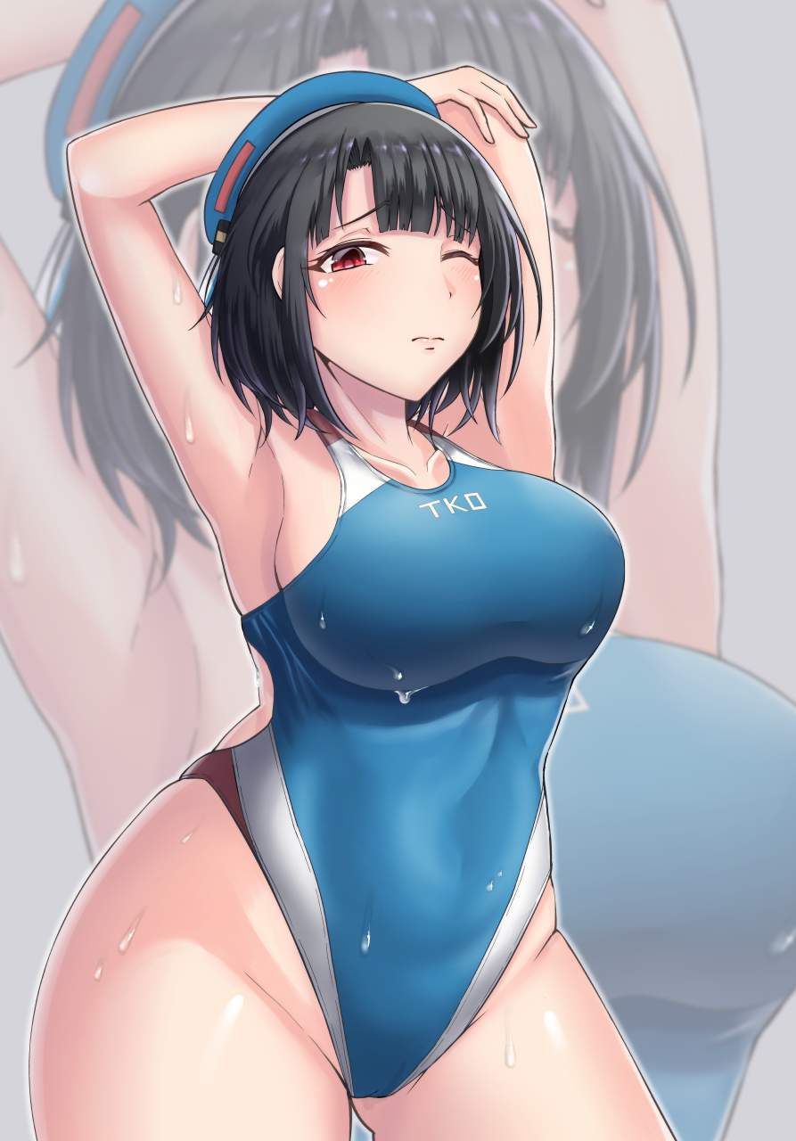 1girl alternate_costume armpits arms_up babanyoshika beret black_hair blue_headwear blue_swimsuit breasts competition_swimsuit cowboy_shot grey_background hat highleg highleg_swimsuit highres kantai_collection large_breasts one-piece_swimsuit one_eye_closed red_eyes short_hair solo standing swimsuit takao_(kantai_collection) zoom_layer