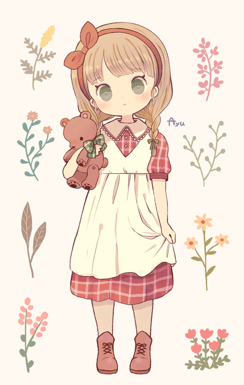 1girl ayu_(mog) blush boots bow bow_hairband braid bright_pupils closed_mouth cross-laced_footwear dress flower full_body green_bow green_eyes grey_background hair_ribbon hairband head_tilt highres long_hair looking_at_viewer original pigeon-toed puffy_short_sleeves puffy_sleeves red_bow red_dress red_flower red_footwear red_hairband ribbon short_sleeves skirt_hold solo standing stuffed_animal stuffed_toy teddy_bear tress_ribbon twin_braids white_dress white_pupils