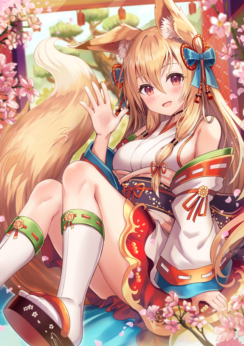 1girl :d animal_ear_fluff animal_ears bangs bare_shoulders blonde_hair blush breasts cherry_blossoms commentary_request detached_sleeves fox_ears fox_girl fox_tail hair_between_eyes hair_ornament highres large_breasts long_hair looking_at_viewer obi original red_eyes sakura_ani sash smile solo tail waving