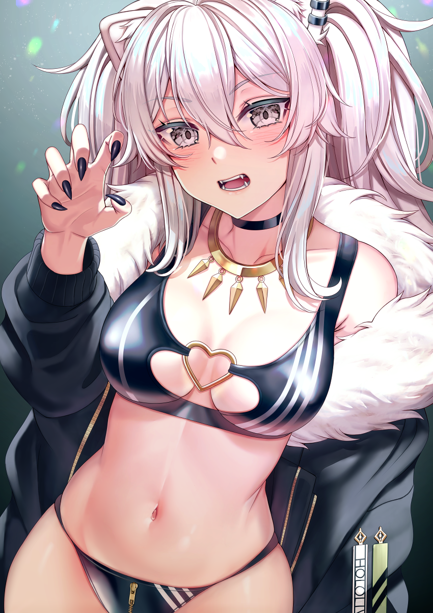 1girl animal_ears bare_shoulders bikini black_bikini black_nails blush breasts claw_pose earrings eyebrows_visible_through_hair fangs fur-trimmed_jacket fur_trim grey_eyes grey_hair hair_between_eyes heart highres hololive jacket jewelry large_breasts lion_ears lion_girl long_hair looking_at_viewer navel necklace off_shoulder open_mouth saruei shiny shiny_skin shishiro_botan solo stomach swimsuit toned virtual_youtuber zipper