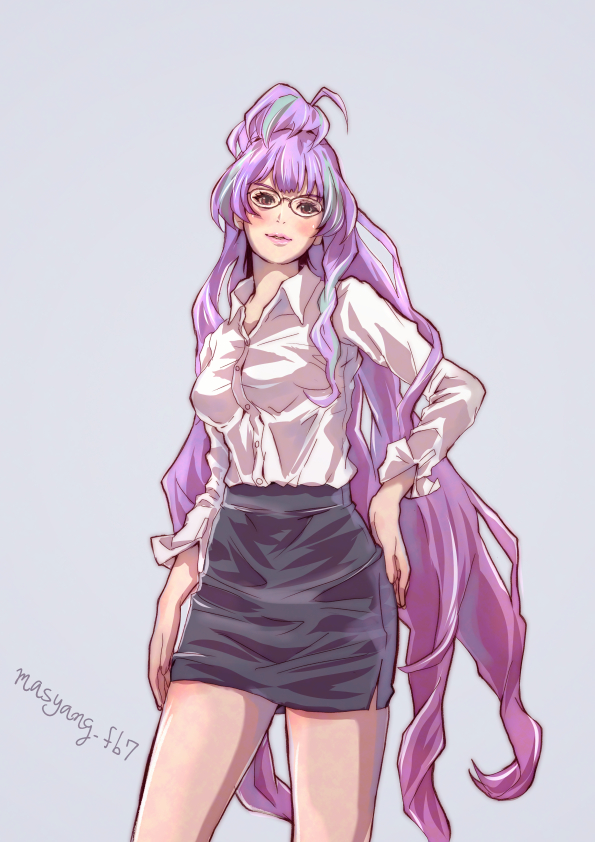 1girl alternate_costume black_skirt buttons glasses hand_on_hip long_hair looking_to_the_side macross macross_delta mikumo_guynemer pencil_skirt purple_hair red_eyes ryu_(masu_nantoka-san) shirt skirt solo teacher very_long_hair white_shirt