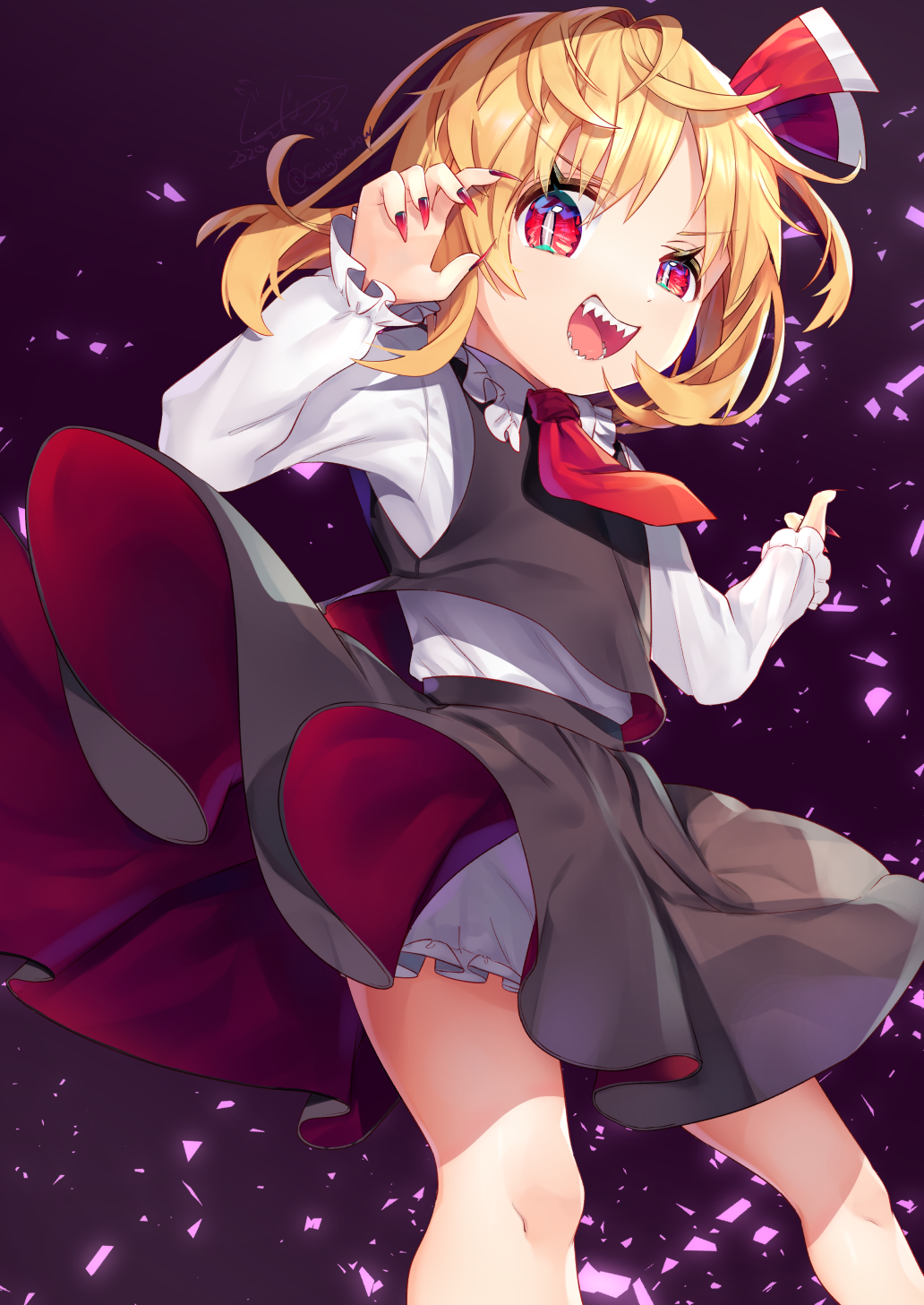 1girl :d ascot bangs black_skirt black_vest blonde_hair bloomers bright_pupils claw_pose collar commentary_request dated eyebrows_visible_through_hair feet_out_of_frame fingernails frilled_collar frilled_sleeves frills gunjou_row hair_ribbon highres light_particles long_skirt long_sleeves looking_at_viewer necktie open_mouth purple_background red_eyes red_nails red_neckwear red_ribbon ribbon rumia sharp_fingernails sharp_teeth shirt short_hair signature skirt slit_pupils smile solo teeth touhou twitter_username underwear vest white_bloomers white_pupils white_shirt wind wind_lift