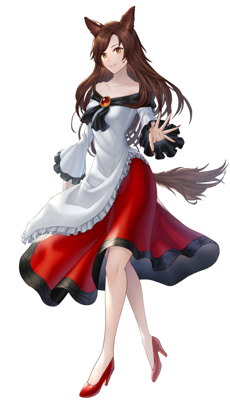 1girl animal_ears bangs brown_eyes brown_hair closed_mouth collarbone fingernails floating_hair full_body high_heels highres imaizumi_kagerou long_hair long_skirt long_sleeves pumps red_footwear red_skirt sharp_fingernails simple_background skirt smile solo standing swept_bangs tachi-e tail touhou uni_(uni9248) very_long_hair white_background wolf_ears wolf_tail