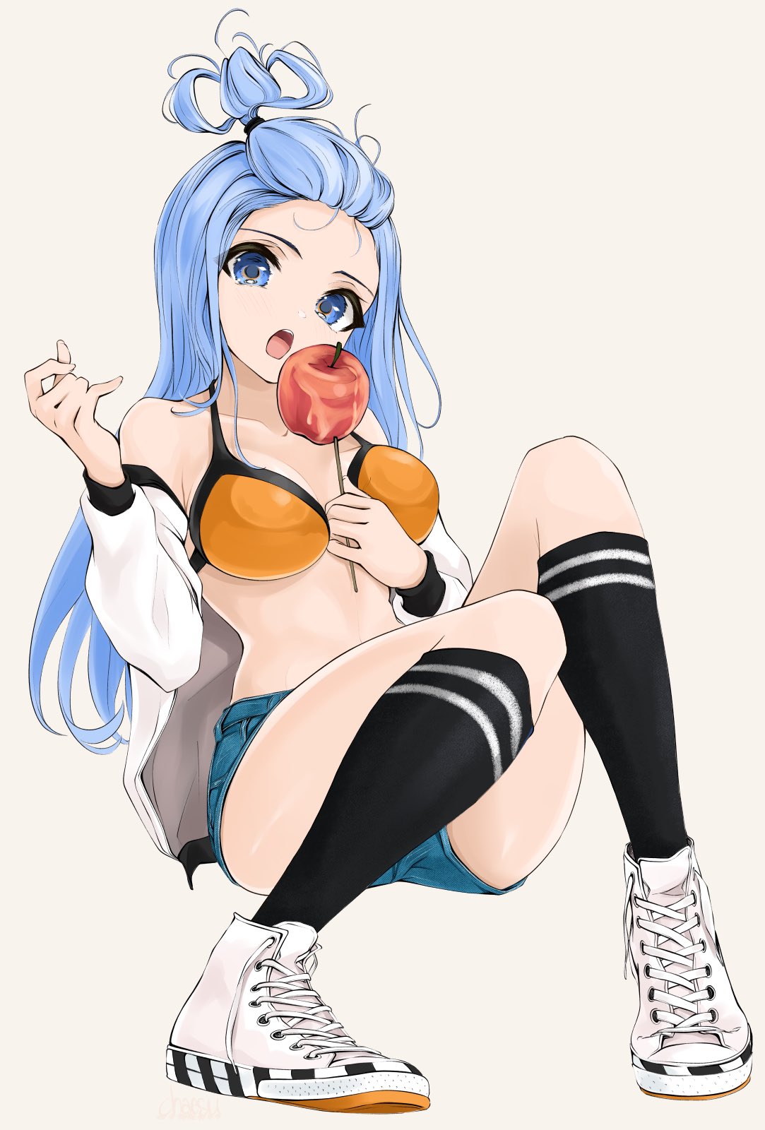 1girl :o apple ass bangs_pinned_back bare_shoulders black_legwear blue_eyes blue_hair blue_shorts bra breasts chaesu denim denim_shorts food forehead fruit full_body halter_top halterneck highres holding jacket kneehighs knees_up large_breasts long_hair long_sleeves looking_at_viewer micro_shorts minah_(chaesu) off_shoulder open_clothes open_jacket open_mouth orange_bra original shoes shorts simple_background sitting sneakers solo stomach thighs tied_hair underwear white_footwear white_jacket