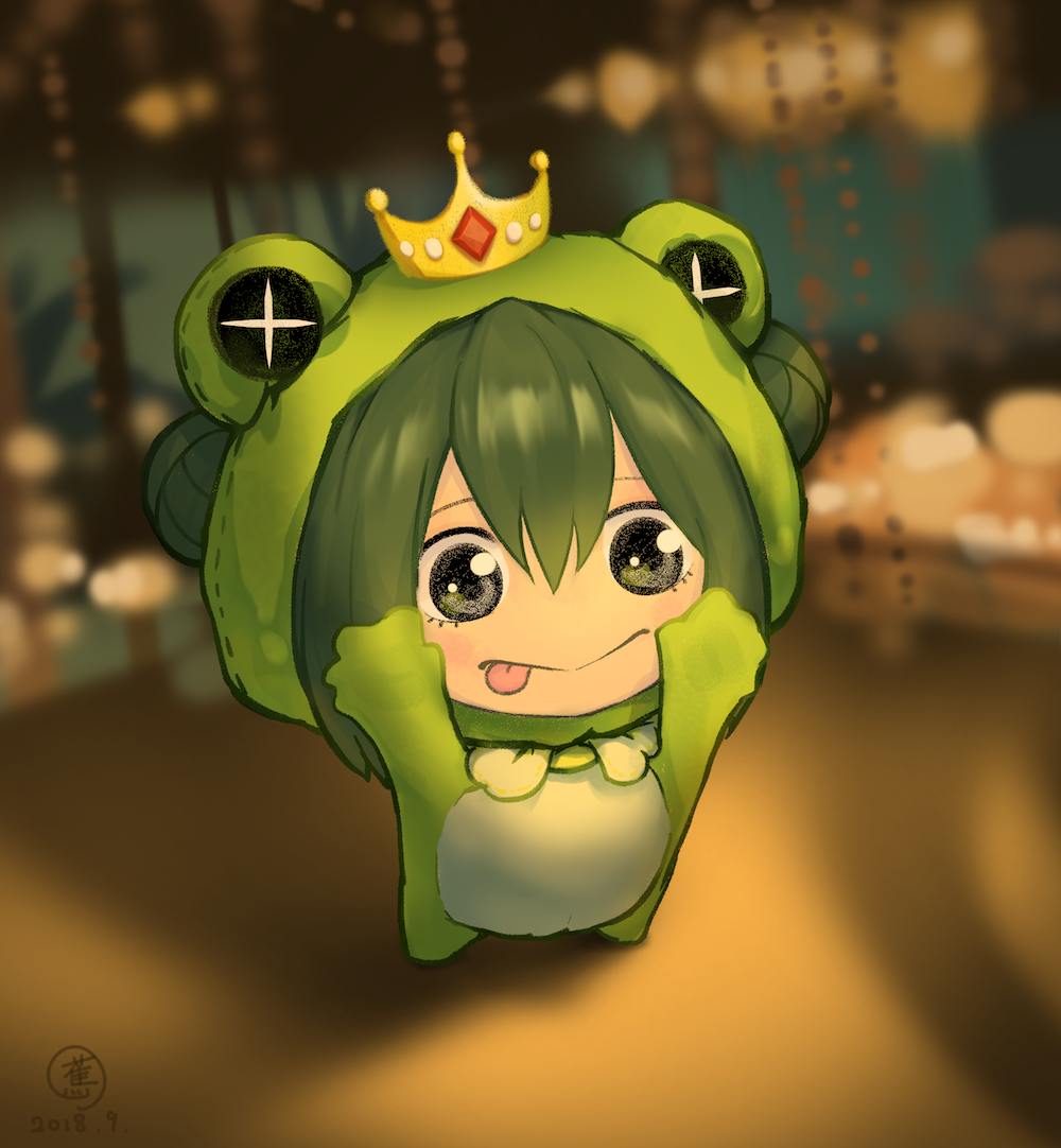 +_+ 1girl :p animal_costume asui_tsuyu black_eyes black_hair blurry blurry_background blush boku_no_hero_academia bow bowtie chibi chinese_commentary commentary_request crown dated frog_costume frog_girl hair_between_eyes long_hair looking_at_viewer outstretched_arms reaching_out shadow sidelocks signature solo tongue tongue_out xxiiaaooxx