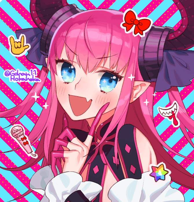 1girl bangs blue_eyes blush curled_horns elizabeth_bathory_(fate) elizabeth_bathory_(fate)_(all) fate/extra fate/extra_ccc fate/grand_order fate_(series) horns idol long_hair looking_at_viewer microphone open_mouth pink_hair pointy_ears saint_quartz sara_(kurome1127) smile solo twitter_username two_side_up upper_body