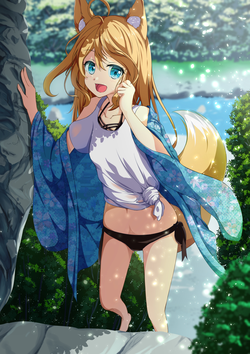 1girl :d ahoge animal_ear_fluff animal_ears bikini bikini_bottom black_bikini blonde_hair blue_eyes blurry blurry_background commentary_request day depth_of_field floral_print fox_ears fox_girl fox_tail hands_up highres long_hair long_sleeves looking_at_viewer off_shoulder open_clothes open_mouth original outdoors river shirt short_sleeves shoulder_cutout smile solo swimsuit tail tsuyukina_fuzuki very_long_hair water white_shirt wide_sleeves