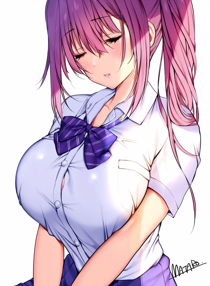 1girl bangs blue_bow blue_neckwear blush bow bra breasts button_gap closed_eyes collared_shirt commentary_request dress_shirt eyebrows_visible_through_hair hair_between_eyes high_ponytail large_breasts mataro_(matarou) original parted_lips pink_bra pink_hair pleated_skirt purple_skirt shirt short_sleeves sidelocks signature sitting skirt solo striped striped_bow underwear white_background white_shirt