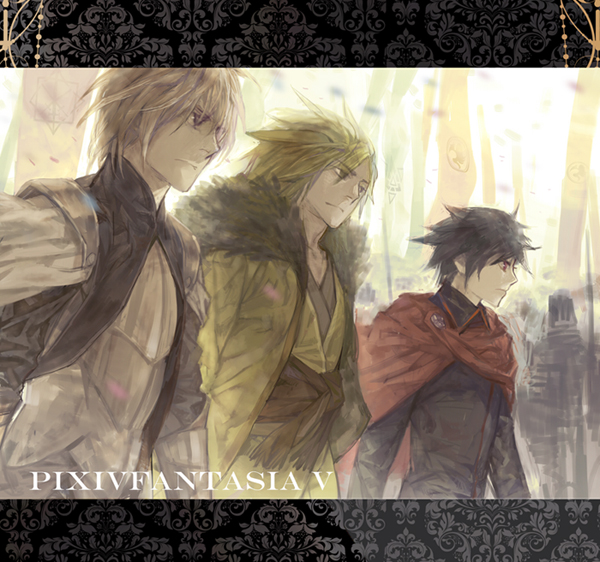 3boys banner black_hair cape copyright_name emanuel_(pixiv_fantasia) frown green_hair lucas_(pixiv_fantasia) male_focus messy_hair multiple_boys pixiv_fantasia pixiv_fantasia_5 raineis_han_(pixiv_fantasia) red_eyes serious shishio walking white_hair