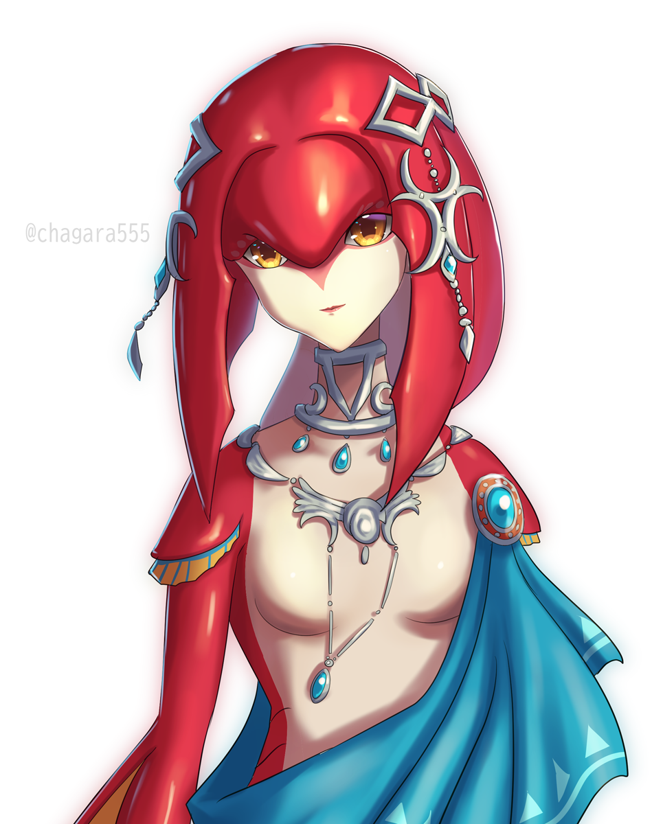 1girl breasts chagara closed_mouth fins fish_girl highres jewelry looking_at_viewer mipha monster_girl multicolored multicolored_skin neck_ring no_nipples no_nose pendant red_skin simple_background small_breasts smile the_legend_of_zelda the_legend_of_zelda:_breath_of_the_wild twitter_username white_background yellow_eyes zora