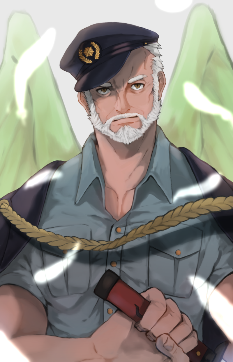 1boy bara beard facial_hair feathers hat highres hogen_(tokyo_houkago_summoners) jingisu_kan_(bara_artist) looking_at_viewer male_focus manly muscle old_man pectorals police police_hat police_uniform short_hair solo tokyo_houkago_summoners toned toned_male uniform upper_body white_hair yellow_eyes