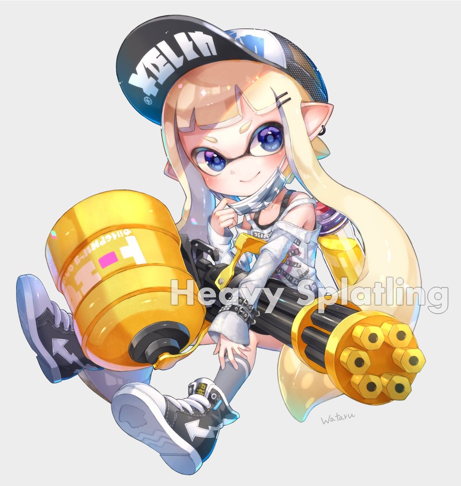 1girl artist_name bangs baseball_cap black_footwear black_headwear black_shirt blue_eyes blunt_bangs closed_mouth clothes_writing domino_mask dress earrings english_text full_body grey_background grey_legwear grey_shirt hair_ornament hairclip hat holding holding_weapon ink_tank_(splatoon) inkling inkling_(language) invisible_chair jewelry long_hair long_sleeves looking_at_viewer mask mask_pull off-shoulder_shirt off_shoulder pointy_ears pulled_by_self shirt shoes signature single_horizontal_stripe sitting smile sneakers socks solo splatoon_(series) splatoon_2 strapless strapless_dress tank_top tentacle_hair wataru_(w_t_r_ika) weapon white_hair