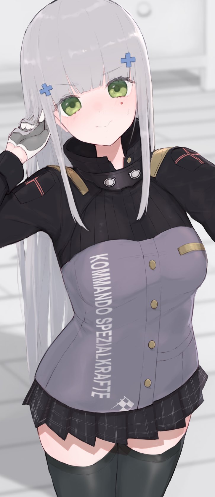 1girl bangs black_skirt blunt_bangs blush breasts clothes_writing eyebrows_visible_through_hair facial_mark girls_frontline gloves green_eyes grey_hair hair_ornament hand_in_hair hiepita97 highres hk416_(girls_frontline) jacket long_hair long_sleeves looking_at_viewer monochrome_background sidelocks skirt smile solo sweat thigh-highs