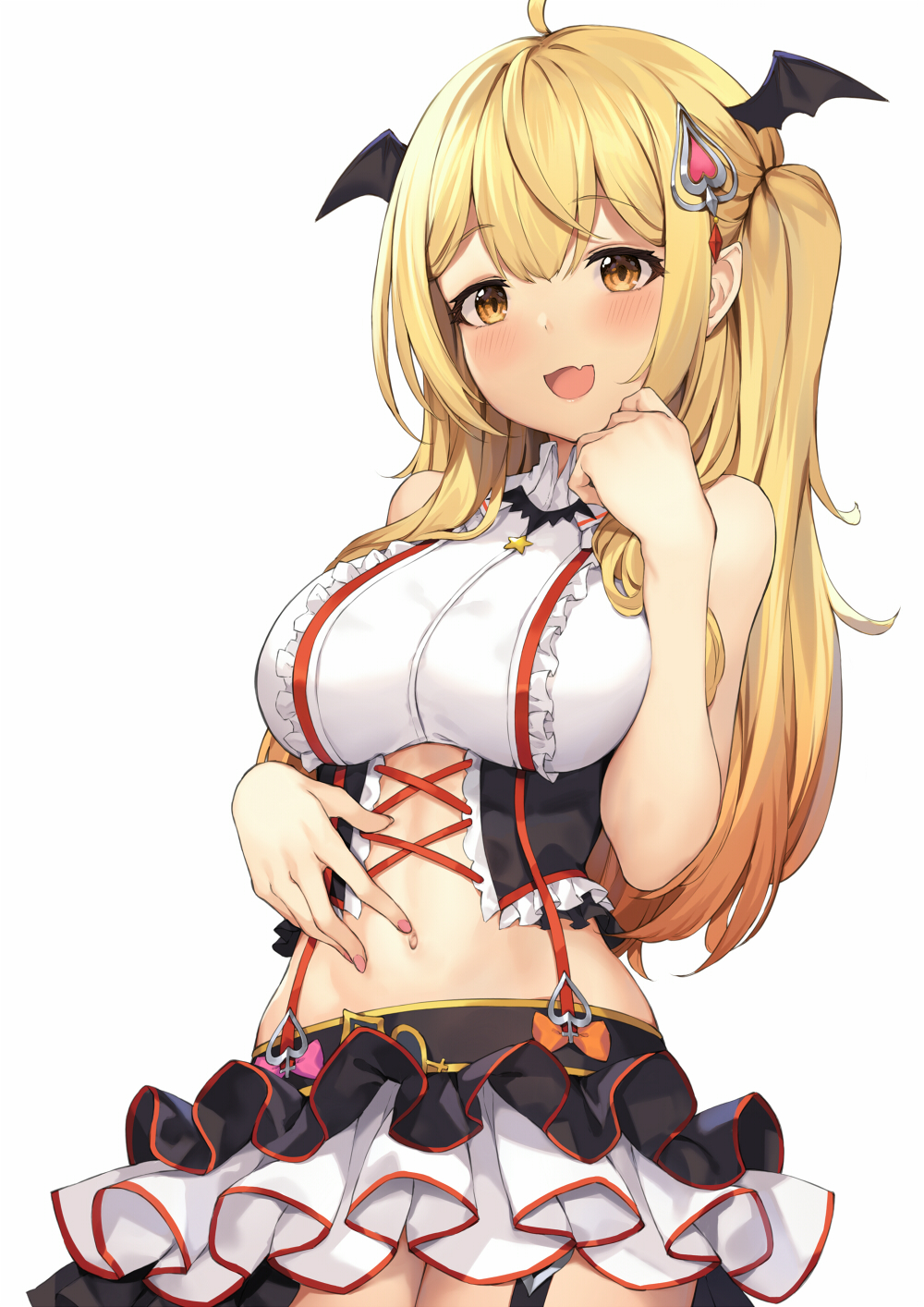 1girl ahoge bangs bare_shoulders blonde_hair blush breasts crop_top fang hair_between_eyes hair_ornament hairclip hand_up head_wings heart highres hololive large_breasts layered_skirt long_hair looking_at_viewer midriff miniskirt navel open_mouth pak_ce sidelocks skin_fang skirt smile solo suspender_skirt suspenders twintails vampire virtual_youtuber yellow_eyes yozora_mel