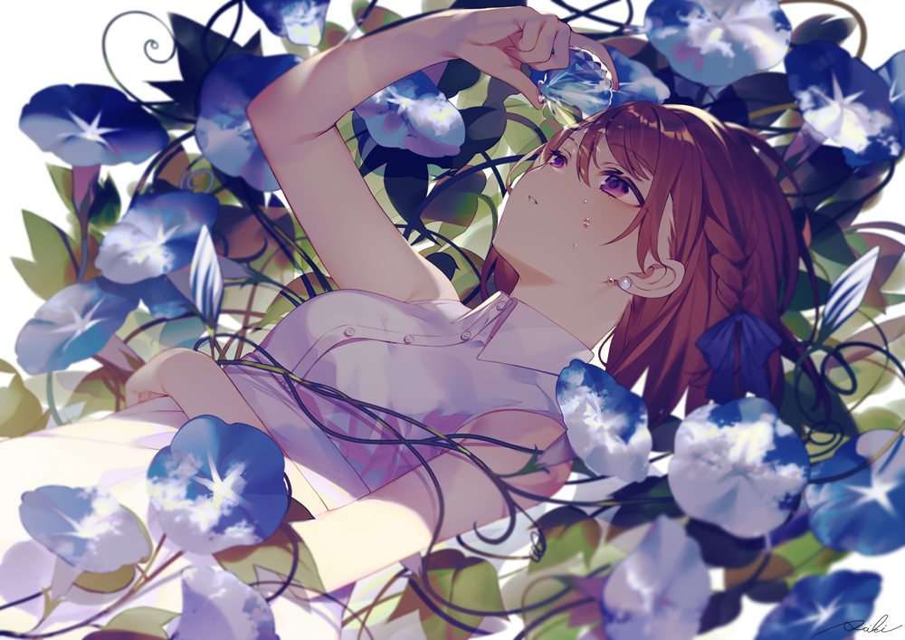 1girl achiki arm_up bangs bare_arms bare_shoulders blue_bow blue_flower blue_ribbon blush bow braid breasts brown_hair collared_dress collared_shirt commentary_request dress dress_shirt earrings eyebrows_visible_through_hair flower hair_between_eyes hair_bow hair_ribbon hand_on_own_stomach holding jewelry leaf long_hair looking_away lying medium_breasts on_back original parted_lips plant purple_hair ribbon seashell shell shirt signature sleeveless sleeveless_dress sleeveless_shirt small_breasts solo stud_earrings swept_bangs transparent upper_body violet_eyes water_drop wet white_background white_dress white_shirt