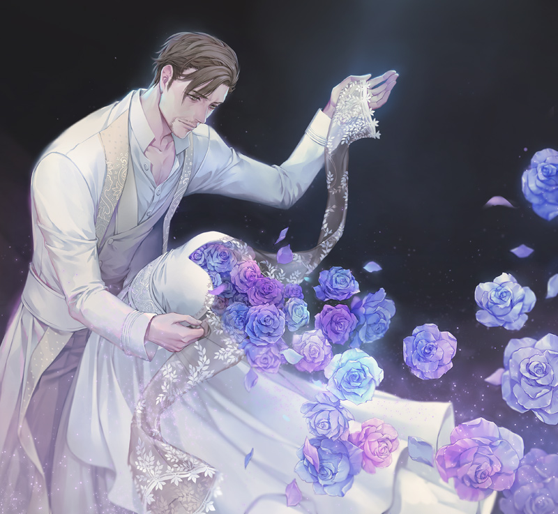 1boy blue_flower blue_rose bride brown_hair coat commentary_request dancing dissolving dress facial_hair feet_out_of_frame flower groom hand_up hetero hollow light_particles original outstretched_arms pants petals pink_flower pink_rose purple_flower purple_rose rose sad sash see-through_sleeves shirt solo stubble vest white_coat white_dress white_shirt yoshicha